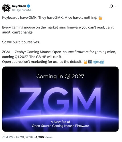 Annonce concernant le firmware du Keychron ZGM sur X
