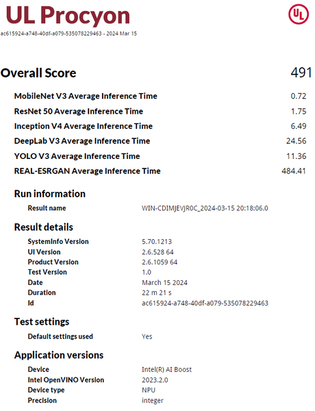 Résultats du test UL Procyon NPU Integer