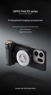 Le téléphone Find X9 avec l'étui, la lampe d'appoint et les accessoires de la poignée (Image source : Oppo - machine translated)