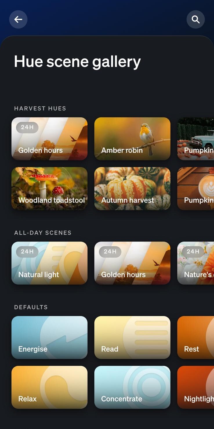 Capture d'écran de la nouvelle collection Harvest Hues dans la galerie de scènes de l'application Philips Hue. (Source de l'image : Own)