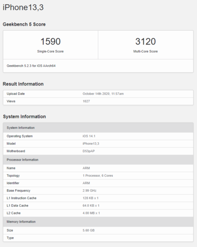 La première fois qu'on a vu un iPhone avec 6 Go de mémoire vive, les performances multi-cœurs ont été décevantes. (Source de l'image : Geekbench)