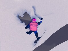 Photo : Cascade ratée, personnage du joueur tombé dans la neige, photographié en mode photo dans le jeu (Source : Capture d'écran dans Studio Gauntlet's Sno : Ultimate Freeriding)