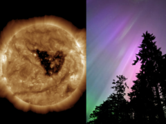 Une tempête géomagnétique à cette période de l'année est importante en raison de l'effet Russell-McPherron. Photo : trou coronal dans le soleil (à gauche) et aurore boréale (à droite) (Source de l'image : NOAA, Anubhav Sharma/Notebookcheck)