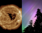 Une tempête géomagnétique à cette période de l'année est importante en raison de l'effet Russell-McPherron. Photo : trou coronal dans le soleil (à gauche) et aurore boréale (à droite) (Source de l'image : NOAA, Anubhav Sharma/Notebookcheck)
