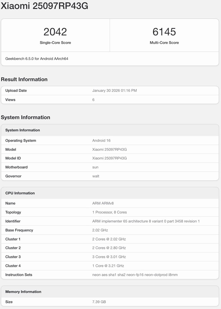 Liste Geekbench de la variante mondiale du Xiaomi Pad 8.