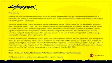 Déclaration de la CDPR sur Twitter. (Source : @CyberpunkGame sur Twitter)