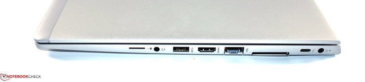 Côté droit : emplacement pour carte SIM, combo audio, USB A 3.0, HDMI, Ethernet, port pour station d'accueil, Thunderbolt 3, entrée secteur.