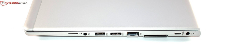 Côté droit : emplacement pour carte SIM, combo audio jack, USB A 3.0, HDMI, Ethernet RJ45, port pour station d'accueil, USB C 3.1 Gen 1, entrée secteur.