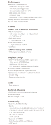 Xiaomi Redmi Note 9T - Spécifications. (Source de l'image : Xiaomi)