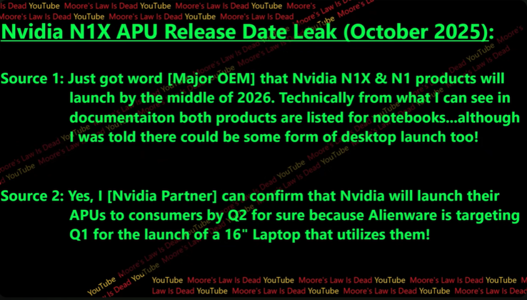 Rumeurs sur la date de sortie du Nvidia N1X. (Source de l'image : Moore's Law Is Dead sur YouTube)