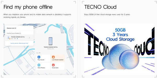 La série Camon 50 dispose d'une fonction Find My Phone hors ligne et d'un espace de stockage gratuit sur le cloud pendant trois ans.