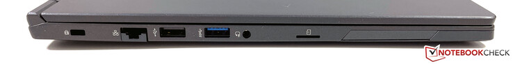 A gauche : Verrouillage Kensington, Ethernet, USB-A 2.0, USB-A 3.2 (Gen. 1), prise casque, lecteur de carte microSD