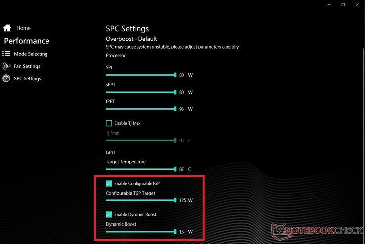 XMG liste les valeurs TGP et Dynamic Boost dans son application, mais NVIDIA a supprimé la valeur de la plus haute performance graphique de ses pilotes de sortie. (Source de l'image : NotebookCheck)