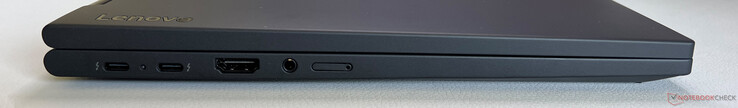 Côté gauche : 2x USB-C 4.0 avec Thunderbolt 4 (40 Gbps, DisplayPort 2.1, Power Delivery 3.0), HDMI 2.1, audio 3,5 mm, emplacement Nano-SIM