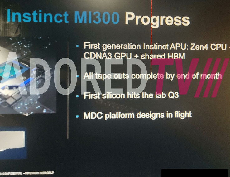 Diapositive de la fuite de l'AMD MI300. (Source : AdoredTV sur YouTube)