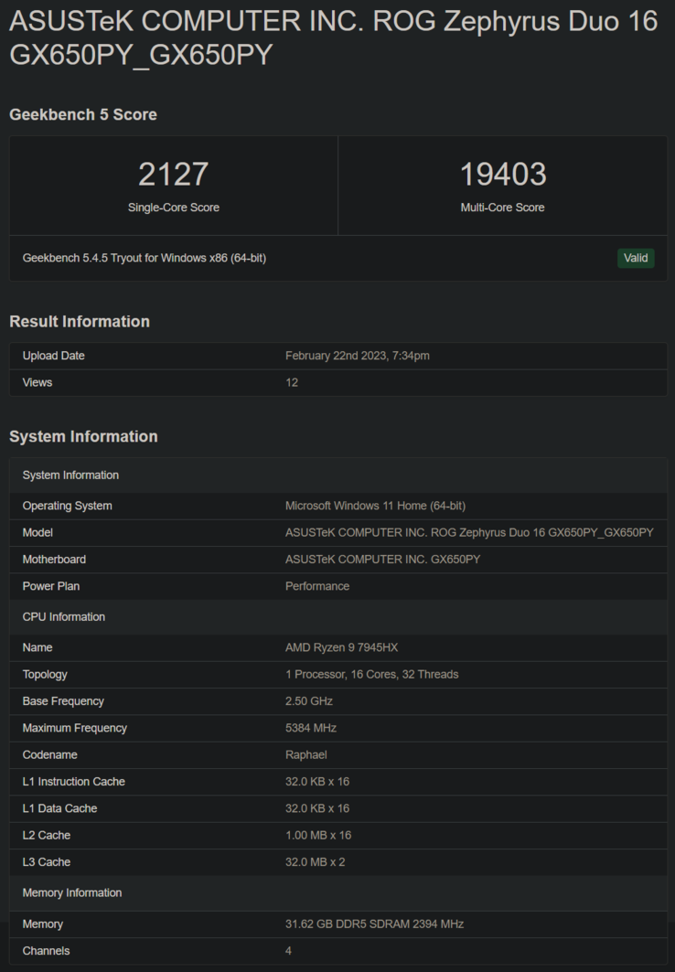 AMD Ryzen 9 7945HX sur Geekbench (image via Geekbench)