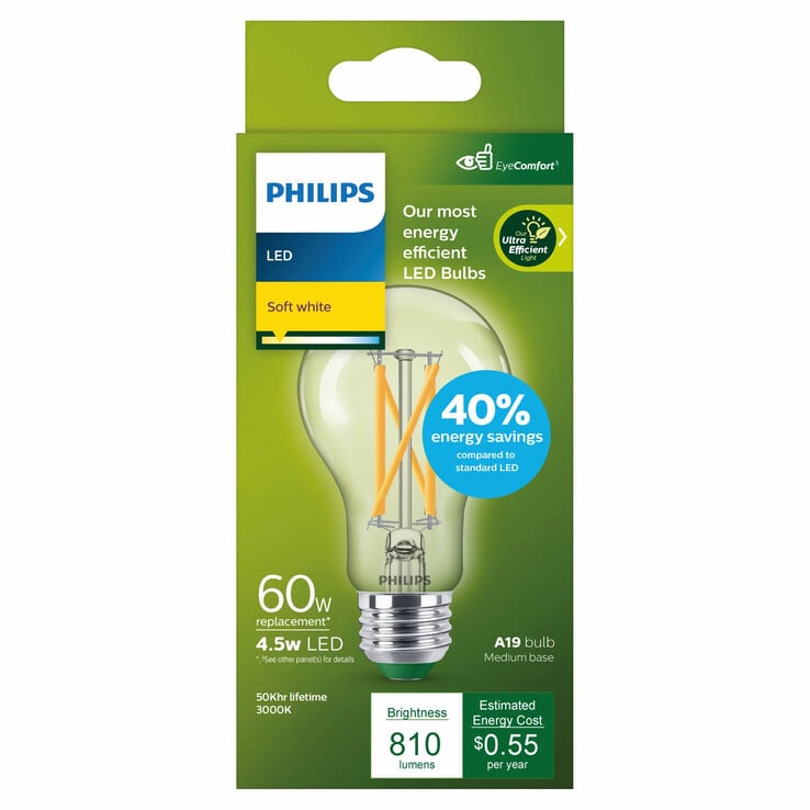 L'ampoule LED A19 60W ultra-efficace de Philips, blanc doux (source : Philips)