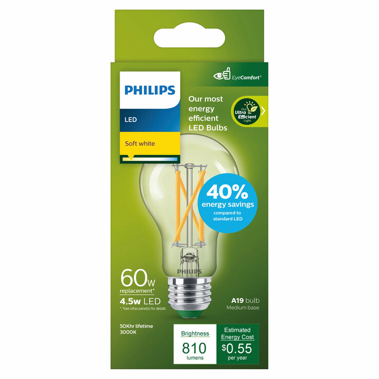 L'ampoule LED A19 60W ultra-efficace de Philips, blanc doux (source : Philips)