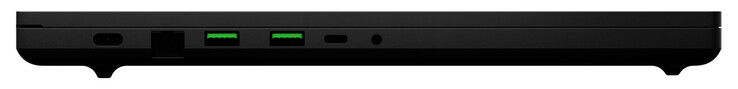 Côté gauche : alimentation, Gigabit Ethernet (2,5 Gbit), 2x USB 3.2 Gen 2 (USB-A), Thunderbolt 4 (USB-C ; DisplayPort, Power Delivery), combo audio
