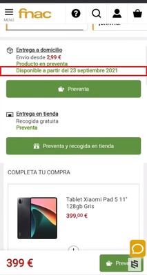 Date de disponibilité du Xiaomi Pad 5. (Image source : Fnac via eSavants)