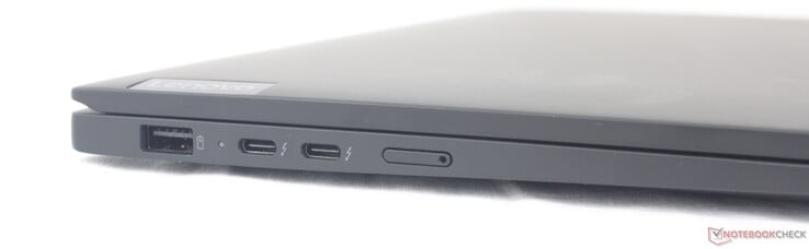 À gauche : USB-A 3.2 Gen. 1, 2x USB-C avec Thunderbolt 4 + DisplayPort + Power Delivery, emplacement Nano-SIM (en option)