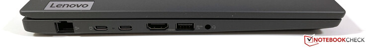 À gauche : Gigabit Ethernet, 2x USB-C 3.2 Gen.2 (10 GBit/s, DisplayPort ALT mode 1.4, Power Delivery), HDMI 2.0, USB-A 3.2 Gen.1 (5 GBit/s, alimenté), stéréo 3,5 mm