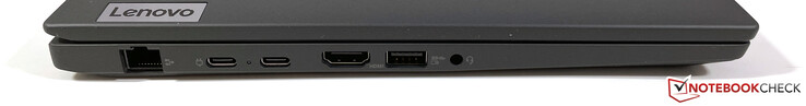 À gauche : Gigabit Ethernet, 2x USB-C 3.2 Gen.2 (10 GBit/s, DisplayPort ALT mode 1.4, Power Delivery), HDMI 2.0, USB-A 3.2 Gen.1 (5 GBit/s, alimenté), stéréo 3,5 mm