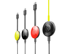 Image promotionnelle du Chromecast de deuxième génération de Google, présenté dans différentes couleurs. (Source de l'image : Google)