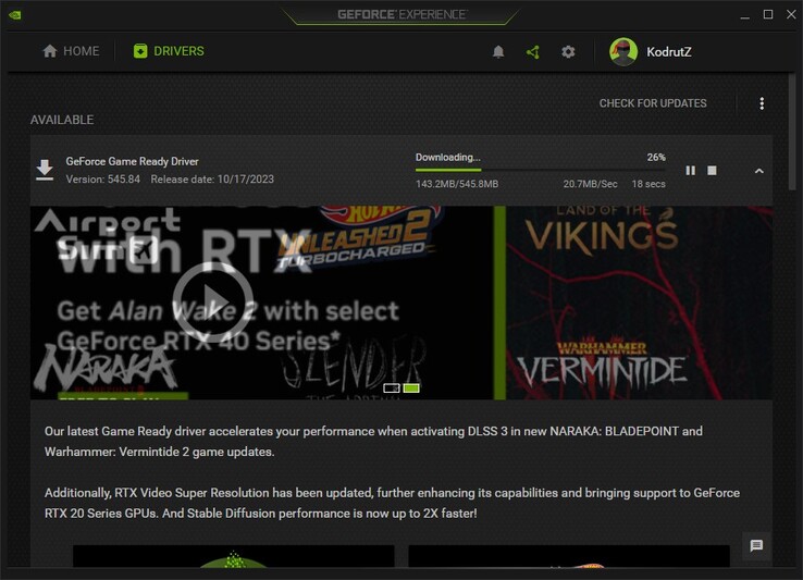Téléchargement du pilote Nvidia GeForce Game Ready Driver 545.84 sur GeForce Experience (Source : Own)