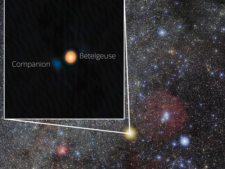 Photo de la constellation d'Orion, montrant l'emplacement de Bételgeuse et de Siwarha (Source de l'image : NOIRLab et Eckhard Slawik ; recadré)
