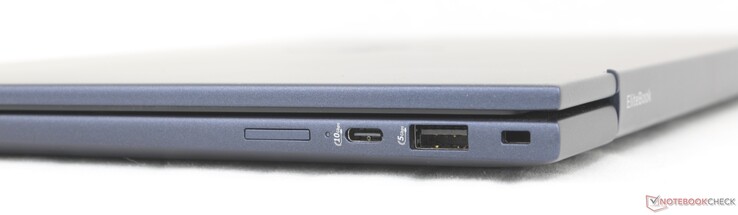 À droite : Emplacement Nano-SIM (en option), USB-C 10 Gbps avec Power Delivery + DisplayPort 1.4, USB-A 5 Gbps, verrouillage Noble