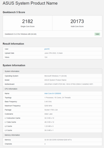 Intel Core i9-12900KS sur Geekbench. (Source : Geekbench)