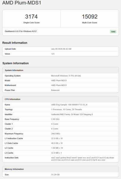 Fiche Geekbench de l'AMD Medusa Point