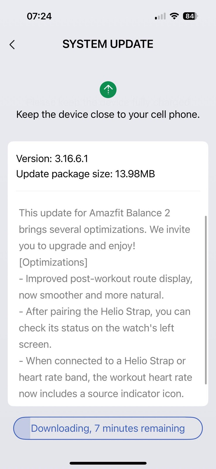 Les notes de mise à jour de la version 3.16.6.1 pour la smartwatch Amazfit Balance 2. (Source de l'image : u/FinishDue3792 via Reddit)