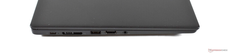 Côté gauche : 2 USB C 3.1 Gen 2, miniEthernet pour station d'accueil, USB A 3.0, HDMI 2.0, combo audio.