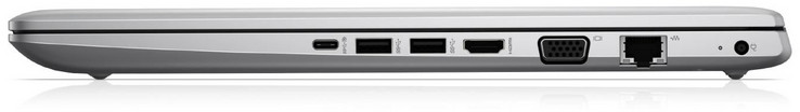 Côté droit : 3 USB 3.1 Gen 1 (1 Type C, 2 Type A), HDMI, VGA, Ethernet gigabit, entrée secteur.