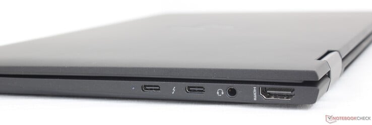 A droite : 2x USB-C avec Thunderbolt 4 + DisplayPort 1.4 + Power Delivery, 3.5 mm combo audio, HDMI 2.0