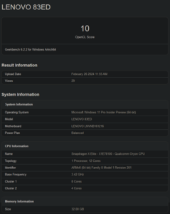 Résultats du GPU Snapdragon X Elite dans Geekbench 6.2 (image via Geekbench)