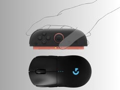Les Joy-Cons de la Switch 2 sont représentés au-dessus de la souris de jeu (Source de l&#039;image : Nintendo of America, Logitech avec modifications)
