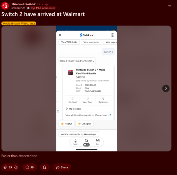 Niveaux de stock de la Nintendo Switch 2 Walmart (Image source : Nintendo Switch 2 subreddit)