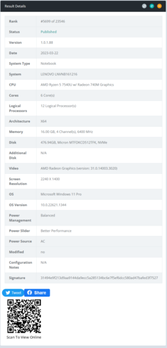 AMD Ryzen 5 7540U avec Radeon 740M dans un ordinateur portable Lenovo IdeaPad 330 ou IdeaPad Gaming 3. (Source : BAPco)