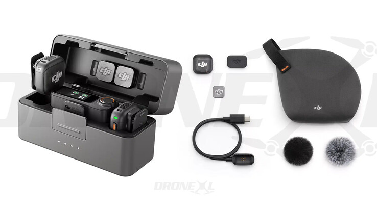 Le Mic 3 avec son étui de chargement, son émetteur et les accessoires associés. (Source de l'image : via DroneXL &amp; Jasper Ellens)