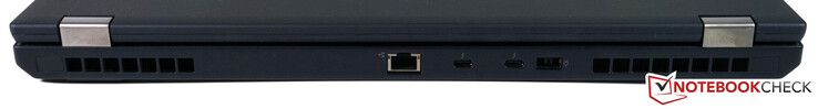 A l'arrière : RJ45-LAN, 2 Thunderbolt 3 (USB C 3.1 Gen 2 avec charge & DisplayPort), entrée secteur SlimTip.