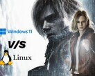 Illustration de Resident Evil Requiem avec graphique comparatif Windows 11 vs Linux.