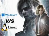 Illustration de Resident Evil Requiem avec graphique comparatif Windows 11 vs Linux.