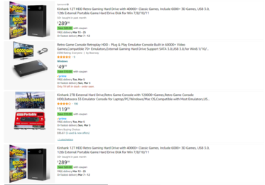 Outre les applications d'émulation, Amazon autorise la vente de disques durs préinstallés avec des ROM de jeux rétro et des émulateurs sur le site. (Image : capture d'écran d'Amazon.com)