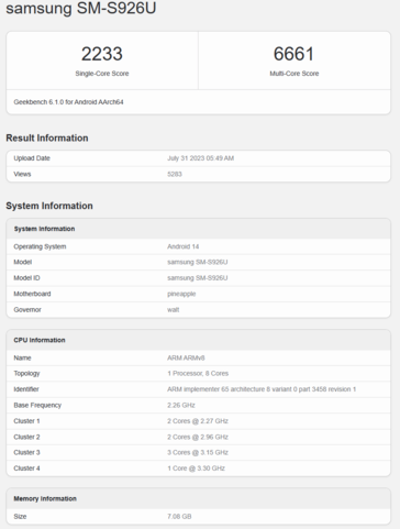 napdragon 8 Gen 3 pour Galaxy dans le Samsung Galaxy S24 Plus avec une configuration 1+3+2+2. (Source : Geekbench)