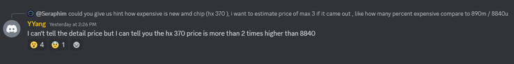Un représentant de GPD parle du prix de l'APU Ryzen AI 9 HX 370 (Image source : GPD Official Discord)