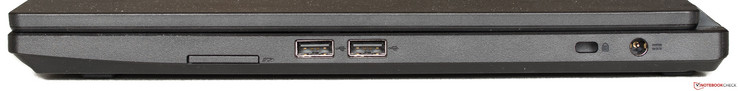 Côté droit : lecteur de carte SD, 2 USB 2.0, Kensington, entrée secteur.