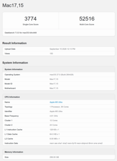 Score Geekbench 7 de l'Apple M5 Ultra